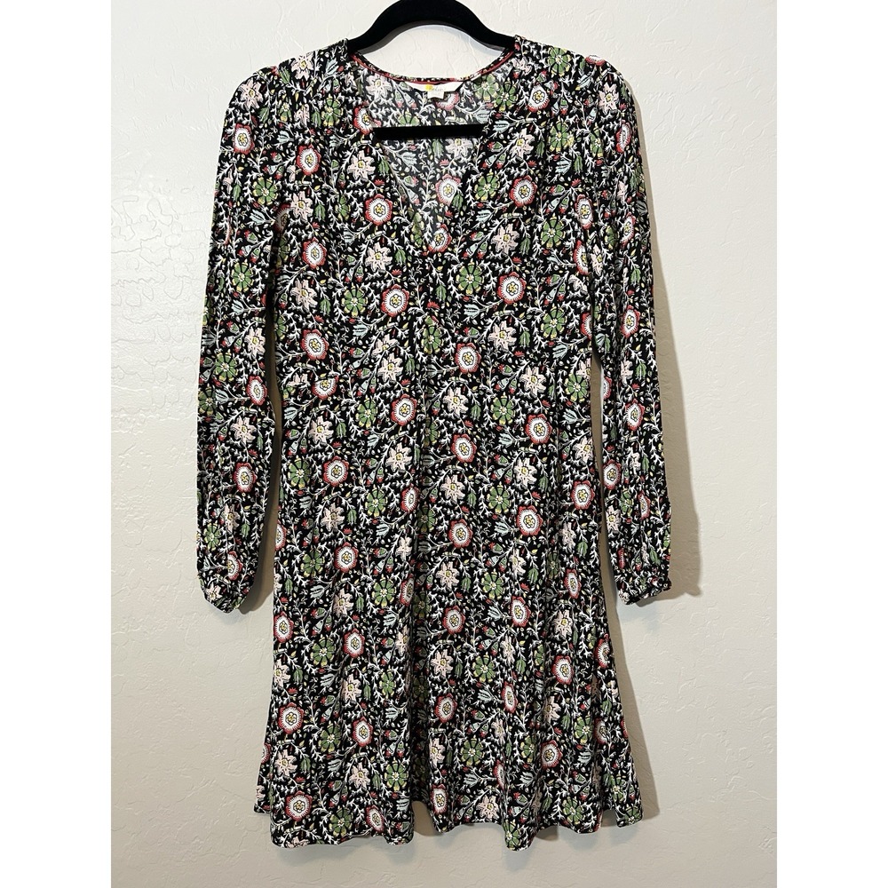 Boden Dark Floral Mini Shift Dress Women's Size 2R Black V Neck Boho Babydoll